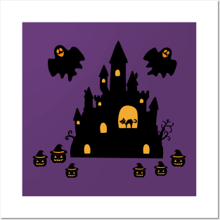 Spooky Halloween Ghost Pumpkin Black Cat Graveyard Church Posters and Art